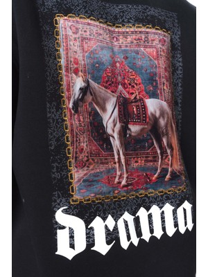 Hai Collection Haı Collectıon Siyah Oversize Kapüşonlu Sweatshirt Halı Desenli At Baskılı Unisex Hoodie