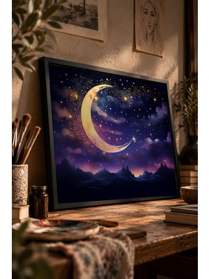 Painted Anarchy Gece Gökyüzü Illüstrasyonu Siyah Çerçeveli Tablo - Realist Duvar Dekoru