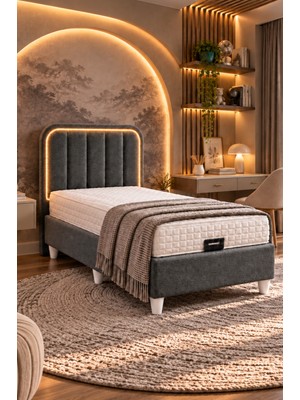 Setay Baza, Vesta Ledli Tek Kişilik Baza Başlık Seti, Antrasit - 90 x 190 cm