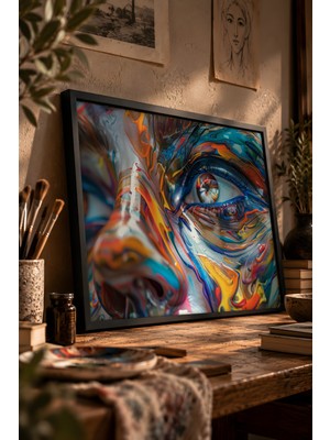 Painted Anarchy Çarpık Özellikli Soyut Yüz Siyah Çerçeveli Tablo - Sürrealist Duvar Dekoru