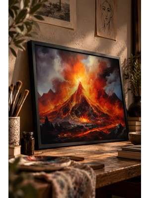 Painted Anarchy Alevli Yanardağ Patlaması Siyah Çerçeveli Tablo - Figür Duvar Dekoru