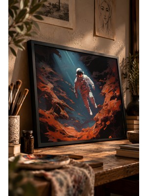 Painted Anarchy Yüzen Astronot ve Dünya Manzarası Siyah Çerçeveli Tablo - Modern Duvar Dekoru