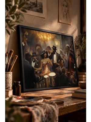 Painted Anarchy Elegan Harlem Caz Sahnesi Siyah Çerçeveli Tablo - Klasik Duvar Dekoru