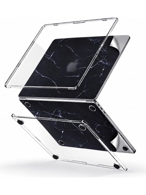 Str Store MacBook Air 13.6 Inç Kristal Parlak Şeffaf Sert Kılıf A2681 A3113 A3240 A3449 M2 M3 M4 M5 Uyumlu + Mermer Desenli 3m Sticker + Şeffaf Uk Enter Klavye Koruyucu 3'lü Set Siyah