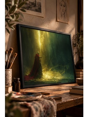Painted Anarchy Kral Arthur ve Excalibur Sahnesi Siyah Çerçeveli Tablo - Klasik Duvar Dekoru
