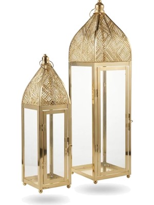 Odea Gold Metal ve Cam Dekoratif Fener Mumluk Seti, 2 Parça