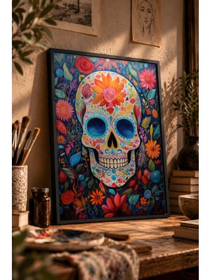Painted Anarchy Meksika Geleneği Kafatası Siyah Çerçeveli Tablo - Folk Duvar Dekoru