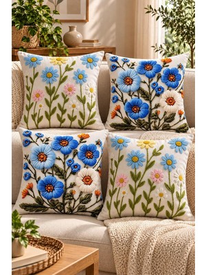 Odea 4'lü Set Çiçekli Dekoratif Kırlent Kılıfı 43X43 Cm, 3D Efektli Dijital Baskı - Mavi Çiçek Bahçesi