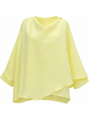 Moda Morfo Omuzu Düğmeli Yarasa Kol Modal Kimono Panço -Sarı