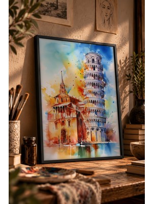 Painted Anarchy Pisa Kulesi Suluboya Tonları Siyah Çerçeveli Tablo - Empresyonist Duvar Dekoru
