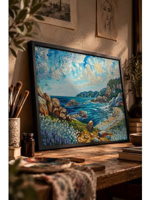 Painted Anarchy Kıyı Serinliği Deniz Manzarası Siyah Çerçeveli Tablo - Pointilizm Duvar Dekoru