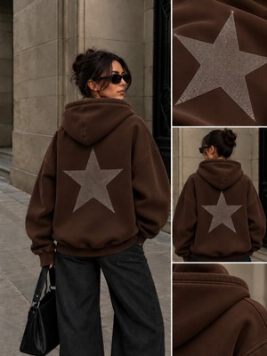 Hai Collection Haı Collectıon Kahverengi Yıldız Taşlı Oversize Kapüşonlu Sweatshirt Unisex