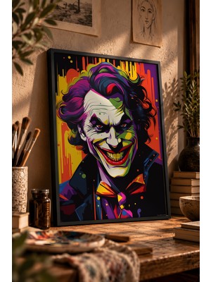 Painted Anarchy Joker Illüstrasyonu Portresi Siyah Çerçeveli Tablo - Pop Art Duvar Dekoru