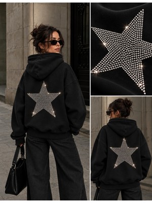 Hai Collection Haı Collectıon Taş Işlemeli Yıldız Baskılı Oversize Kapüşonlu Sweatshirt Siyah