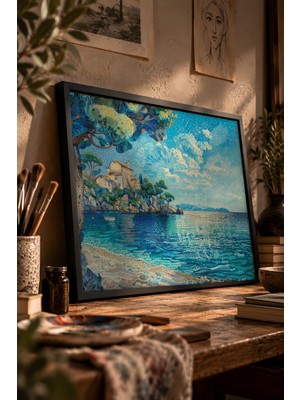 Painted Anarchy Huzurlu Günbatımı Kıyısı Siyah Çerçeveli Tablo - Pointilizm Duvar Dekoru