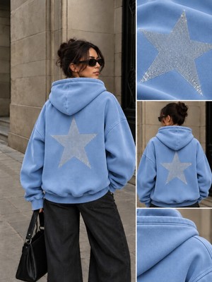 Hai Collection Haı Collectıon Kapüşonlu Sweatshirt Lacivert Taşlı Yıldız Baskılı Oversize Unisex