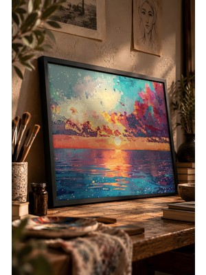 Painted Anarchy Okyanus Üzerinde Gün Batımı Siyah Çerçeveli Tablo - Pointilizm Duvar Dekoru