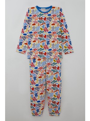 Breeze Erkek Çocuk Pijama Takımı Renkli Yazı Desenli 9-12 Yaş , Beyaz