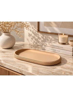 Seyuse Iskandinav Tarzı Oval Takı Tepsisi, Düzenleyici Dekoratif Tepsi 20X10 cm – Takı Parfüm Mum Altlığı – Bej