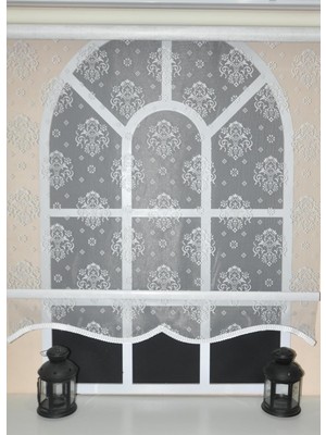 Çift Mekanizmalı Kirli Beyaz Damask Tül Perde ve Ekru Stor Perde STB45252-V01