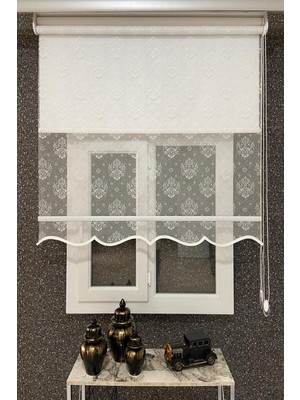 Çift Mekanizmalı Damaks Desenli Tül ve Stor Perde, 140 x 260 Cm, Kırık Beyaz İCL349-20