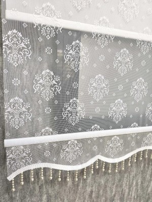 Çift Mekanizmalı Desenli Boncuklu Tül ve Stor Perde Ekru MT3049B 180X200 Ekru
