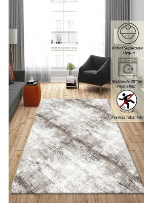 Çizgi Desenli Krem Rengi Kaymaz Taban Kalın Peluş Halı Yolluk Yüksek Kalite, 120 x 180