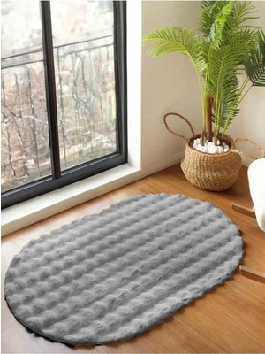 Açık Gri Yumuşak Bubble Kaymaz Özel Taban Oval Peluş Halı Yolluk, 40 x 60