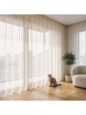 Pati Dostu Tül Perde, Siparişe Özel Dikim | Kedi ve Köpekli Evler Için Tırnağa Dayanıklı, Kendini Toparlayan | Salon ve Yatak Odası | Krem, 100 x 260