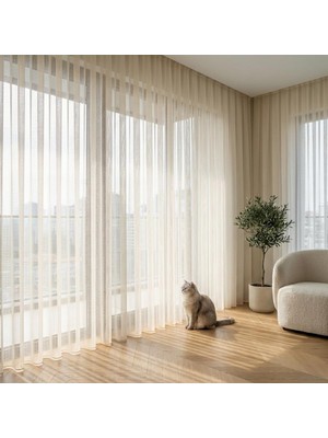 Pati Dostu Tül Perde, Siparişe Özel Dikim | Kedi ve Köpekli Evler Için Tırnağa Dayanıklı, Kendini Toparlayan | Salon ve Yatak Odası | Krem, 100 x 240