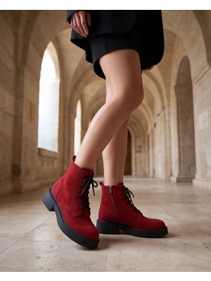Futsi Shoes Ravenna Kırmızı Hakiki Süet Deri Bağcıklı Kalın Taban Günlük Kadın Bot