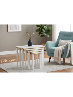 Hdb Home Hilal Dörtlü Zigon Modern Tasarım Krem Gold MDF Malzeme 4 Parça İç İçe Sehpa Seti
