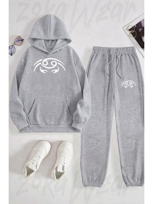 Zoka Wear Yengec Burcu Cancer Astroloji Baskılı Gri Kapşonlu Takım