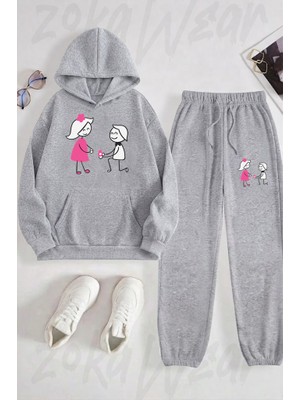Zoka Wear Evlilik Teklifi Temali Sevgili Baskılı Gri Kapşonlu Takım