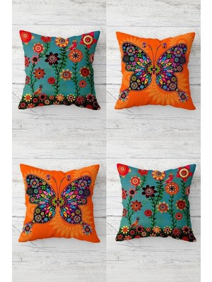 Velora Pelangi Kelebek ve Çiçekler Desenli Vintage Gizli Fermuarlı Kırlent Kılıfı Koltuk Yastık Kılıfı TAKIM(4ADET), Turuncu-Yeşil 45 x 45