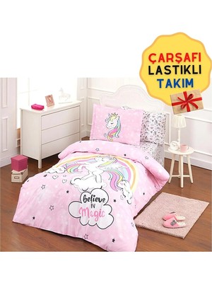 Velora Özdilek Unicorn Lastikli Çarşaflı Kız Çocuk Tek Kişilik Nevresim Takımı