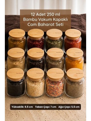 Velora Zone 12'li Cam Baharatlık Seti 250 ml - Bambu Vakum Kapaklı Mutfak Erzak Saklama Kabı ve Baharat Takımı