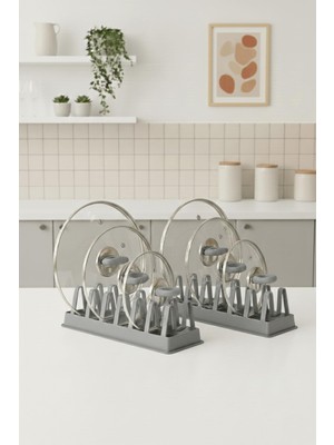 Velora Mithra Life 2 Adet 6 Bölmeli Gri Tabak Tencere Kapak Düzenleyici Organizer Plastik 30X16X8 cm MIT1311
