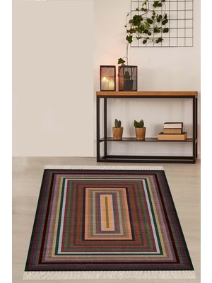 Velora Pelangi Renk Bloklu Kilim Desenli Etnik Dijital Baskı Yıkanabilir Modern Salon Halı ve Yolluk, Kahverengi 160 x 240