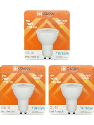 Velora Osaka 9W (70W) Sarı Işık (3000K) GU10 LED Çanak Ampul, 3 Adet