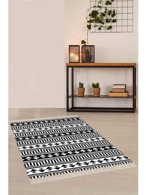 Velora Pelangi Geometrik Desenli Siyah Beyaz Dijital Baskı Yıkanabilir Kaymaz Taban Salon Halısı ve Yolluk, Siyah-Beyaz 100 x 100