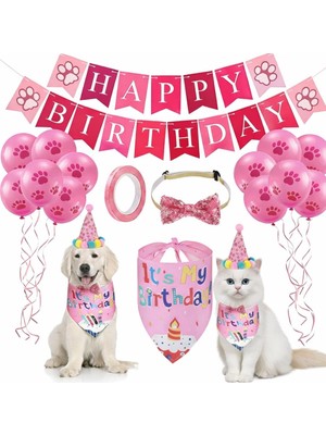 Velora Madpet Evcil Hayvan Doğum Günü Süsleme Seti Pembe – Köpek ve Kedi Için Birthday Party Konsept Paketi – Balon, Happy Birthday Banner, Bandana, Papyon, Şapka ve Parti Aksesuarları