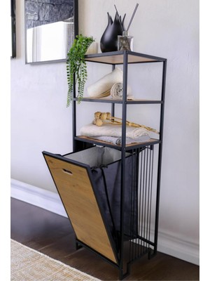 Velora Digithome Metal Kirli Sepetli 3 Raflı Çok Amaçlı Banyo Düzenleyici Raf Organizer Siyah/atlantik Çam – MRS-008 C1-1-369