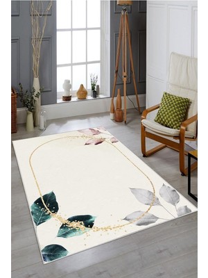Velora Pelangi Krem Zemin Gold Çerçeve Yapraklı Yıkanabilir Kaymaz Taban Leke Tutmaz Modern Salon Halısı ve Yolluk, Krem 40 x 40, 745711514040728