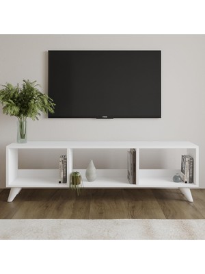 Velora Tina Tv Sehpası – 120 cm Açık Meşe Renkli, Retro Tarz Ahşap Ayaklı Minimal Tv Sehpası, Beyaz