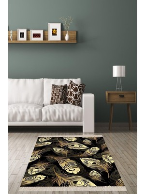 Velora Pelangi Gold Kuş Tüyü Desenli Dijital Baskı Yıkanabilir Kaymaz Taban Modern Salon Halısı ve Yolluk, Gold-Siyah 160 x 250