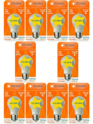 Velora Osaka 12V 10W (75W) Beyaz Işık 6500K E27 LED Ampul, 10 Adet