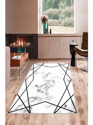 Velora Pelangi Beyaz Zemin Siyah Çizgi Mermer Yıkanabilir Kaymaz Taban Leke Tutmaz Modern Salon Halısı ve Yolluk, Gri-Beyaz 100 x 300, 74571273100300728