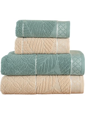 Velora Mürdüm Home Leaf Çift Renk Jakarlı Banyo Havlu Takımı, 4'lü Paket 2 Parça (70X140),2 Parça (50X90) Yumuşak ve Emici, Kaliteli Günlük Kullanıma UYGUN%100 Pamuk Havlu (Yeşil-Krem)