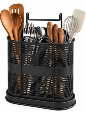 Velora Deconox Askılıklı Metal Organizer Kaşıklık, Bölmeli Tezgah Üstü Çatal Kaşık Düzenleyici, Delikli Gövde, 16 cm Genişlik, Siyah
